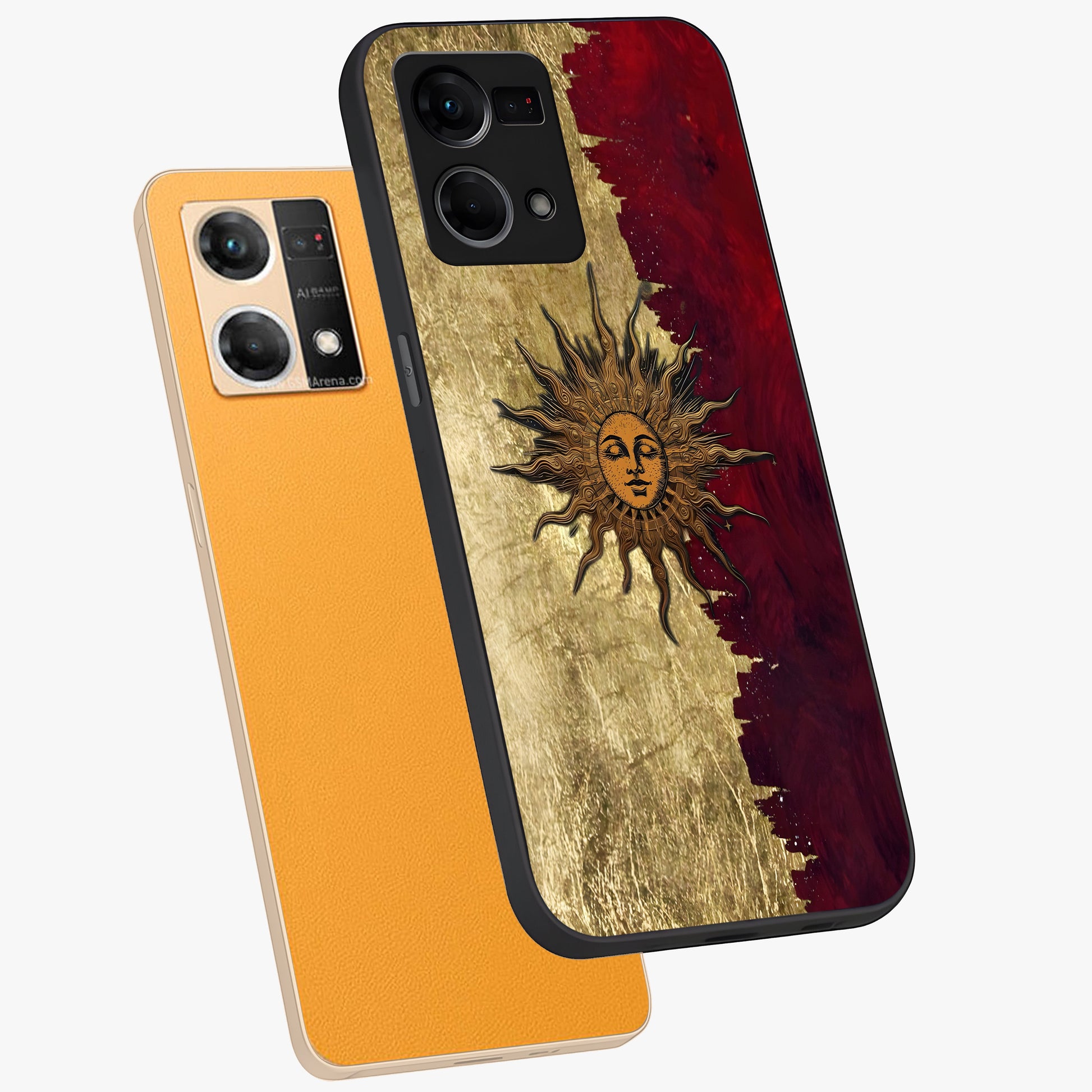 Crimson Sun Majesty Glass Case displayed in angled mockup highlighting majestic crimson sun design with bold aesthetic style.
