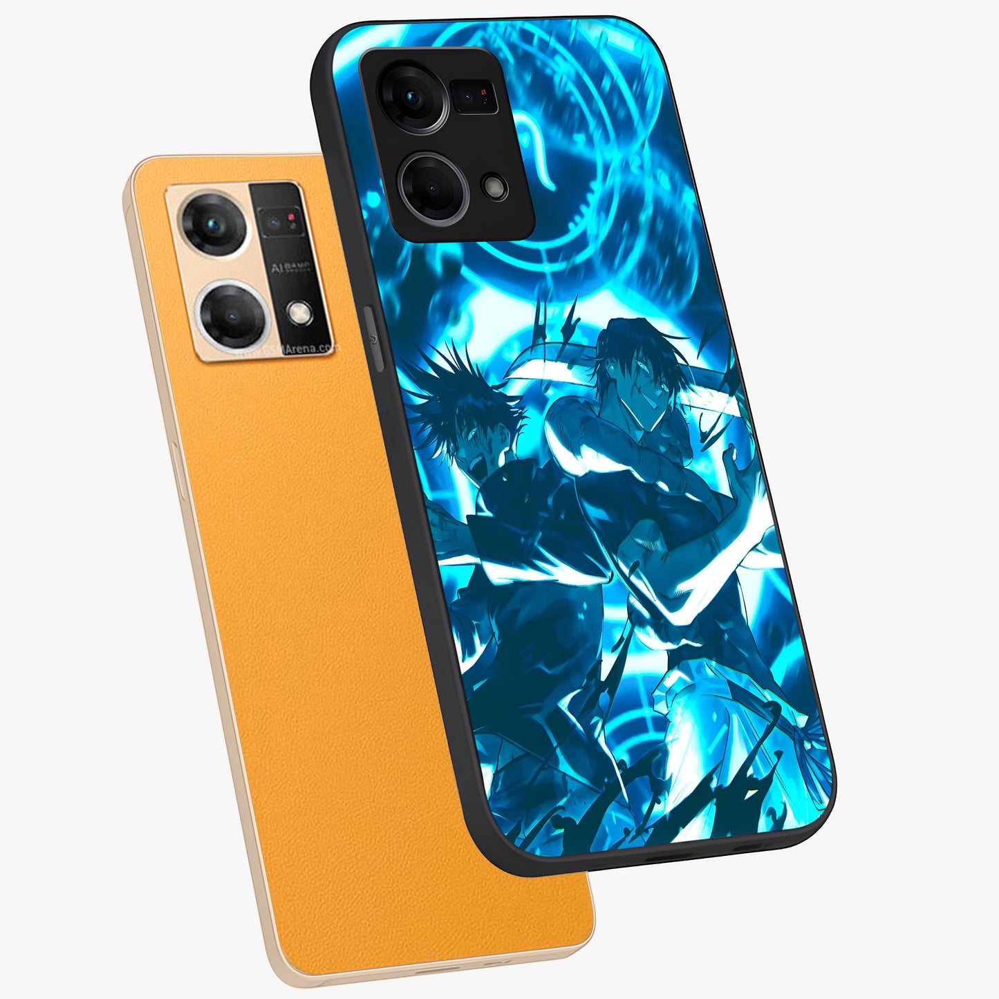 Cursed Energy Clash Glass Case displayed in angled mockup highlighting powerful battle inspired graphic with anime style aesthetic.