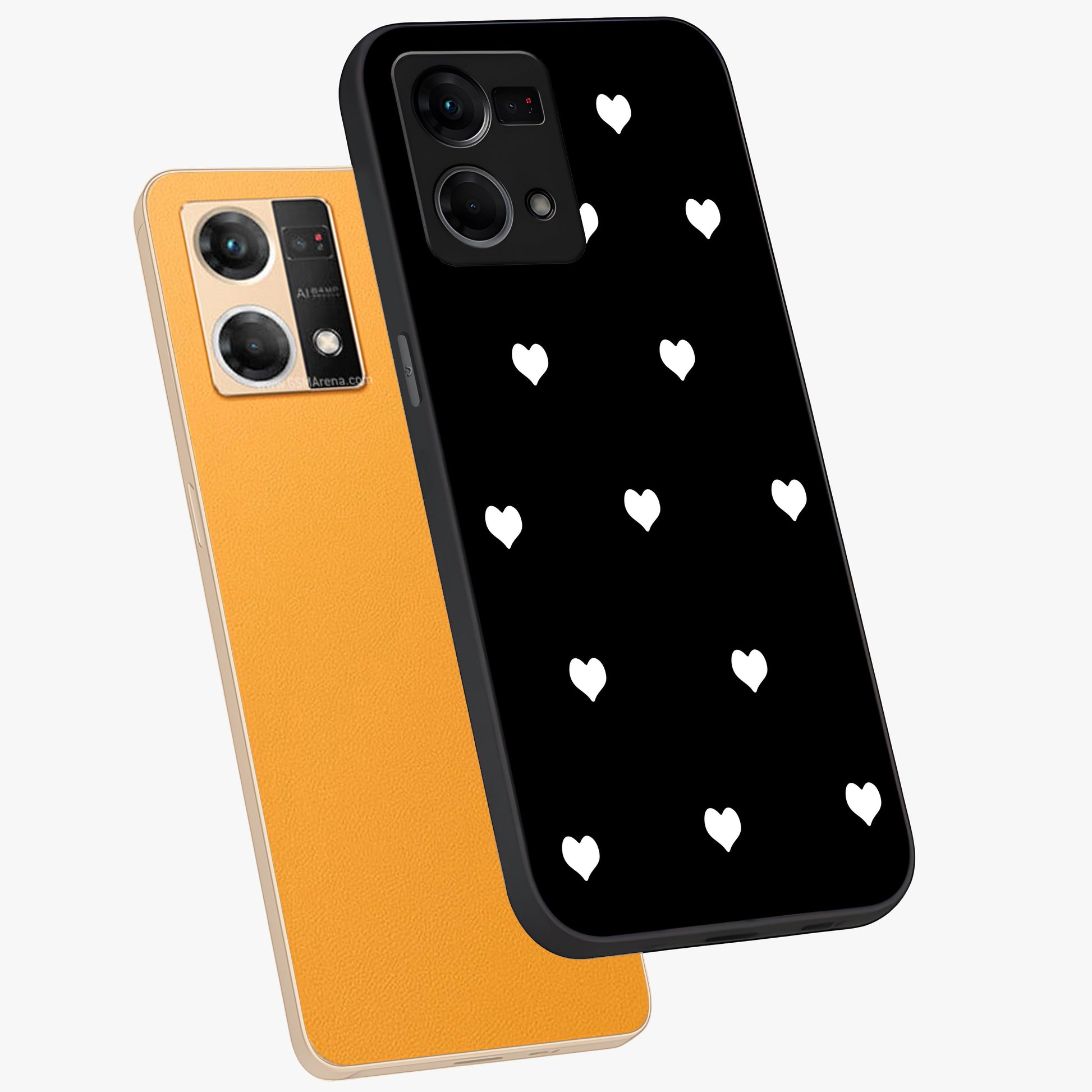 Cute And Simple White Hearts Glass Case displayed in angled mockup highlighting cute heart design with clean aesthetic style.