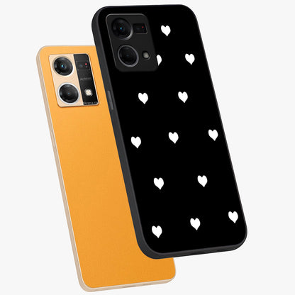 Cute And Simple White Hearts Glass Case displayed in angled mockup highlighting cute heart design with clean aesthetic style.