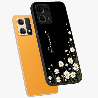 Daisy Cascade Custom Name Glass Case displayed in angled mockup highlighting delicate daisy artwork with custom name feature.