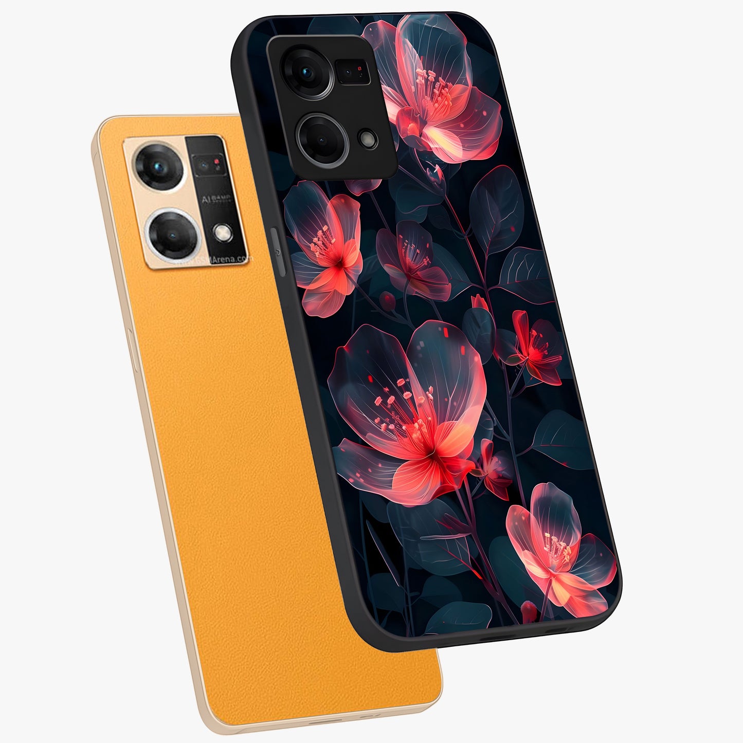 Dark Shade of Flower Glass Case displayed in angled mockup highlighting moody floral illustration with aesthetic dark tones.