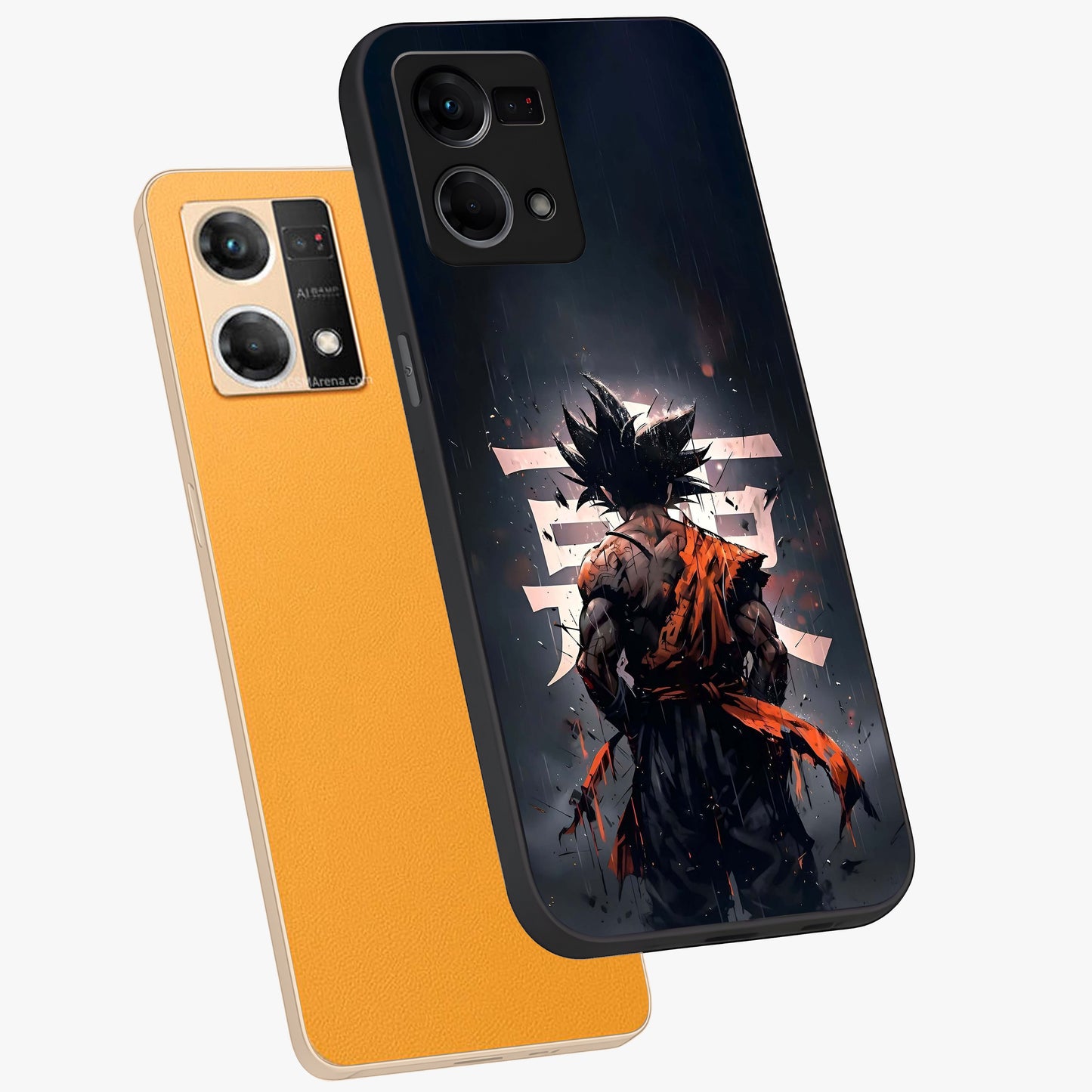 Dark Warrior In Rain Glass Case displayed in angled mockup highlighting dramatic warrior illustration with dark rain aesthetic.
