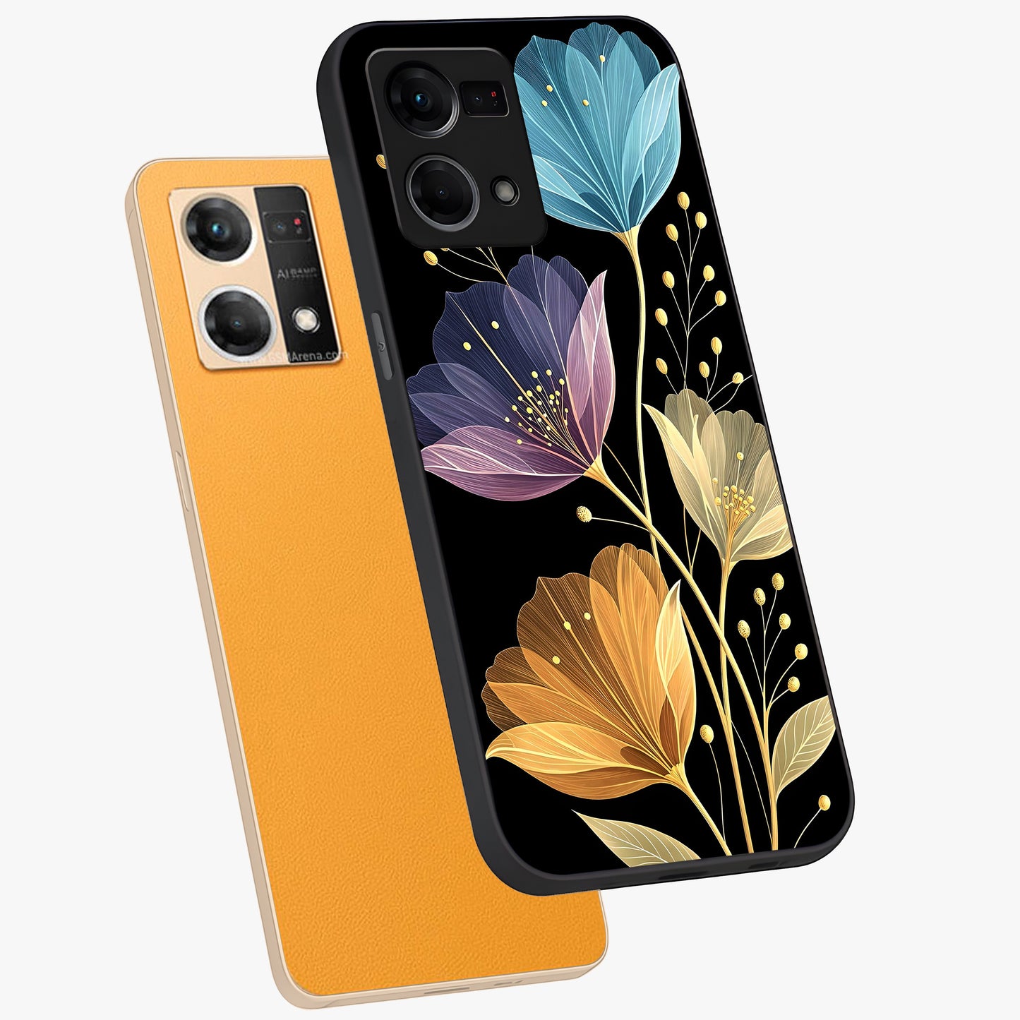 Delicate Multicolor Flowers Glass Case displayed in angled mockup highlighting colorful flower pattern with soft aesthetic style.