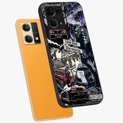 Die Young Glass Case displayed in angled mockup highlighting expressive graphic artwork with edgy aesthetic style.