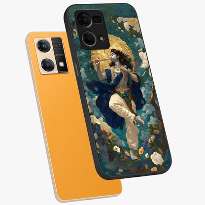Divine Krishna Art Glass Case displayed in angled mockup highlighting spiritual Krishna illustration with devotional aesthetic.