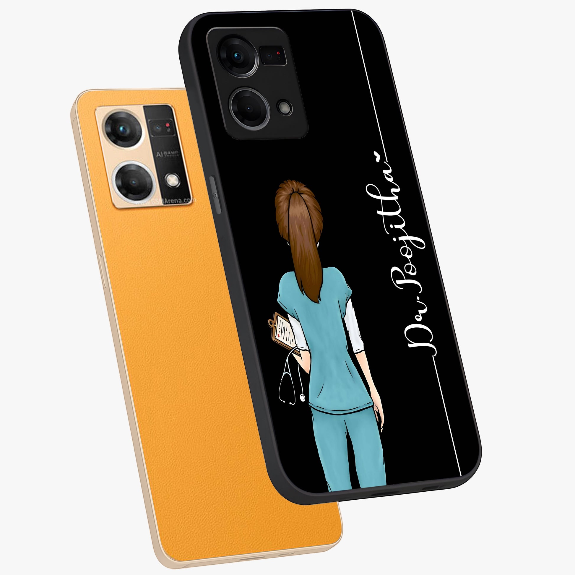 Doctor Pattern Custom Name Glass Case displayed in angled mockup highlighting doctor inspired artwork with custom name feature.