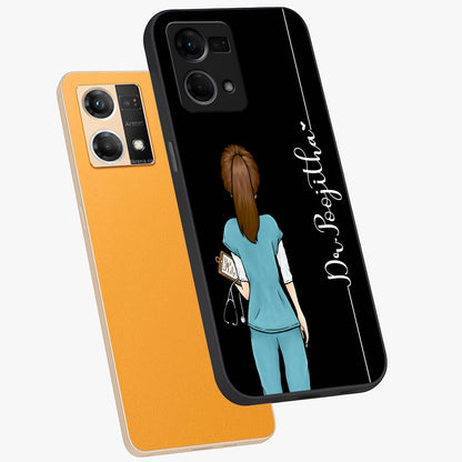 Doctor Pattern Custom Name Glass Case displayed in angled mockup highlighting doctor inspired artwork with custom name feature.