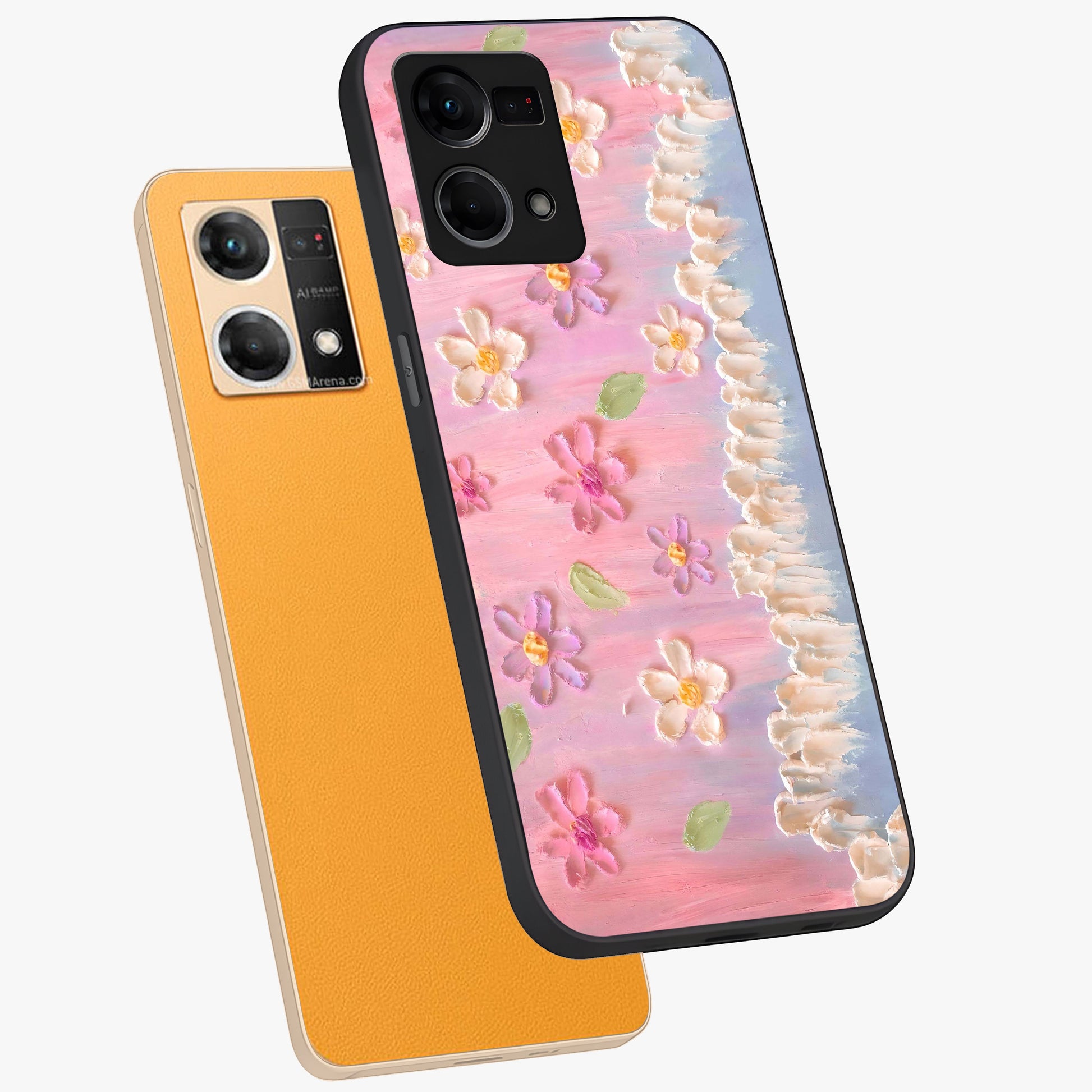 Dreamy Painted Garden Glass Case displayed in angled mockup highlighting colorful garden illustration with dreamy aesthetic style.
