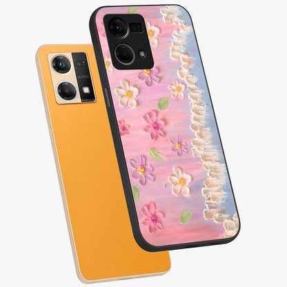 Dreamy Painted Garden Glass Case displayed in angled mockup highlighting colorful garden illustration with dreamy aesthetic style.