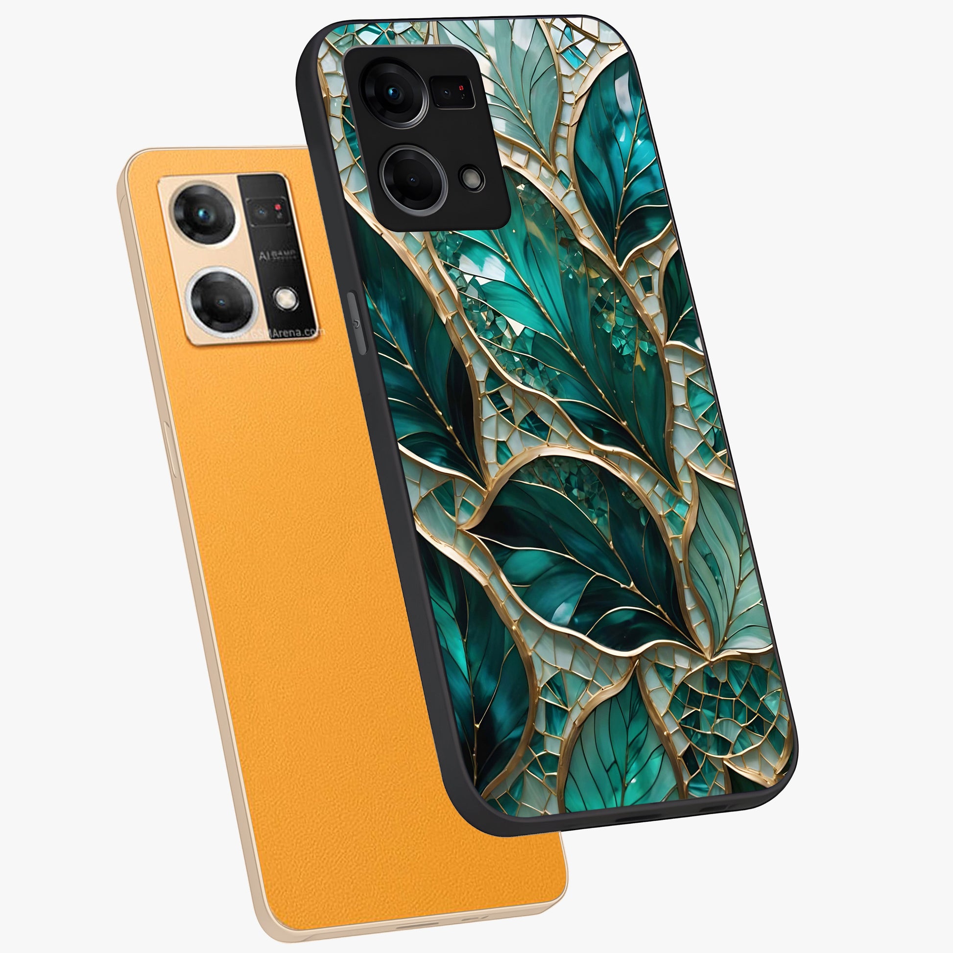 Emerald Leaf Glass Glass Case displayed in angled mockup highlighting botanical leaf illustration with elegant natural aesthetic.