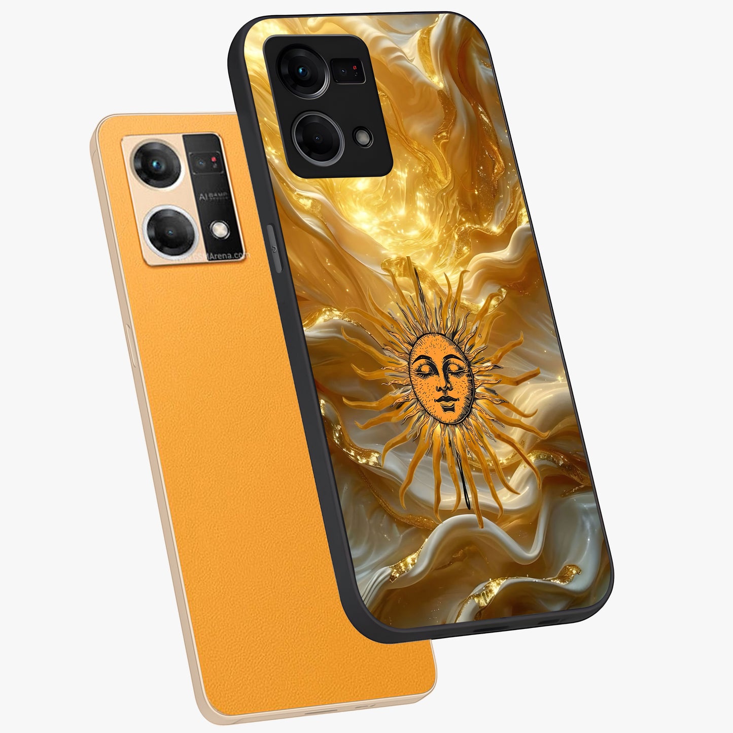 Eternal Golden Glow Glass Case displayed in angled mockup highlighting glowing golden aesthetic design with elegant style.