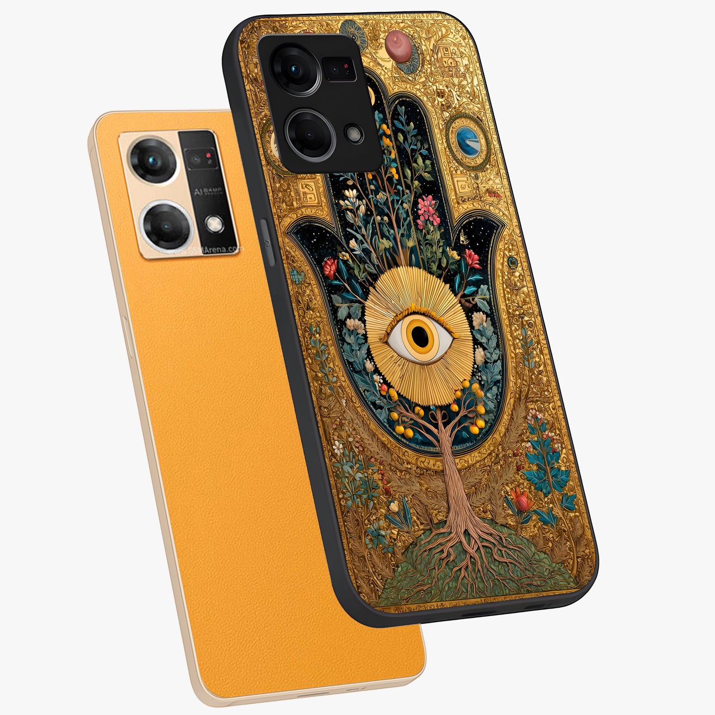 Ethereal Evil Eye Glass Case displayed in angled mockup highlighting protective evil eye symbol with spiritual aesthetic design.