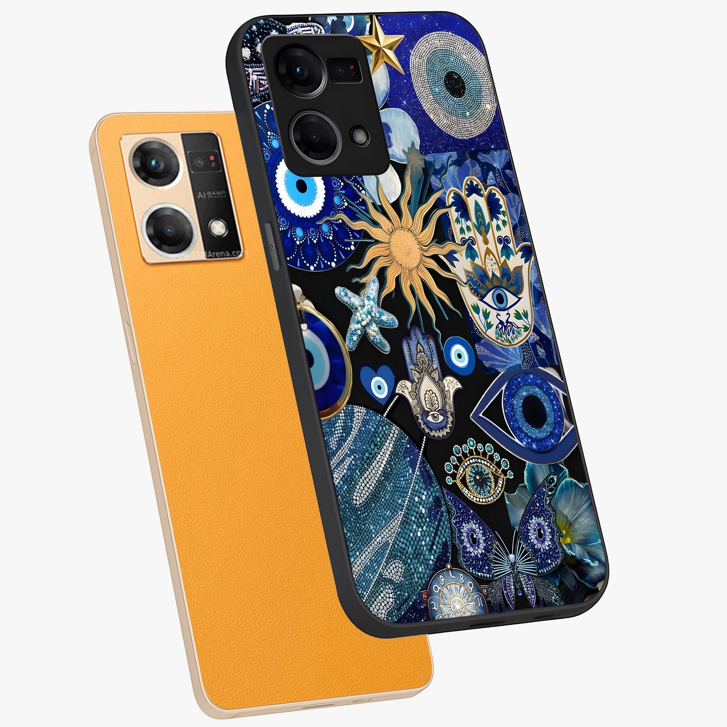 Evil Eye Charm Mix Glass Case displayed in angled mockup highlighting protective evil eye symbols with spiritual aesthetic design.