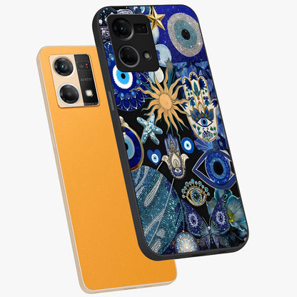 Evil Eye Charm Mix Glass Case displayed in angled mockup highlighting protective evil eye symbols with spiritual aesthetic design.