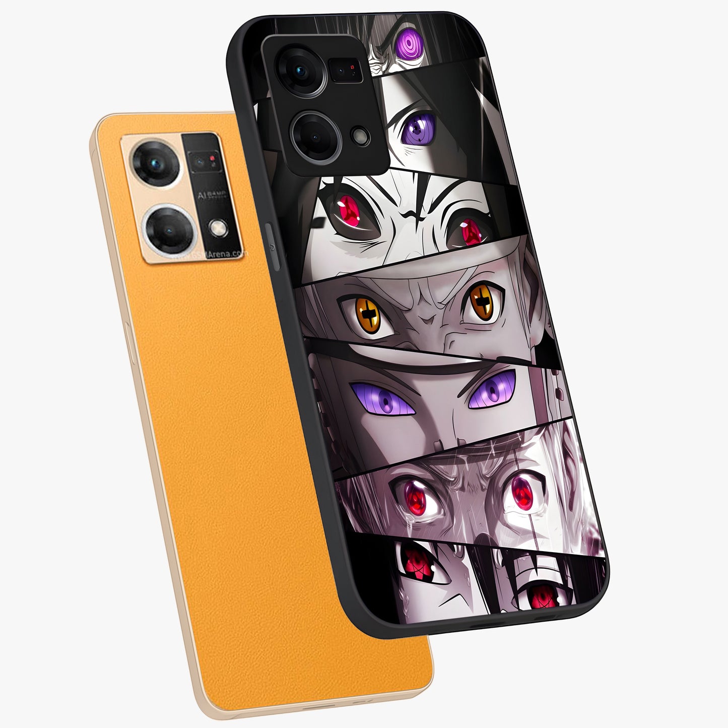 Eyes of Destiny Glass Case displayed in angled mockup highlighting bold eye illustration with mystical aesthetic style.