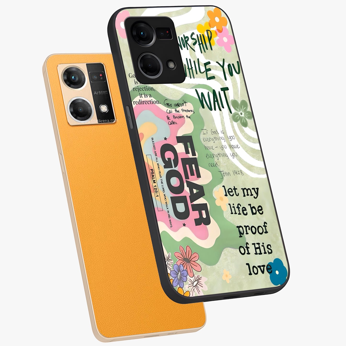 Faith Over Fear Glass Case displayed in angled mockup highlighting inspirational message design with modern aesthetic style.