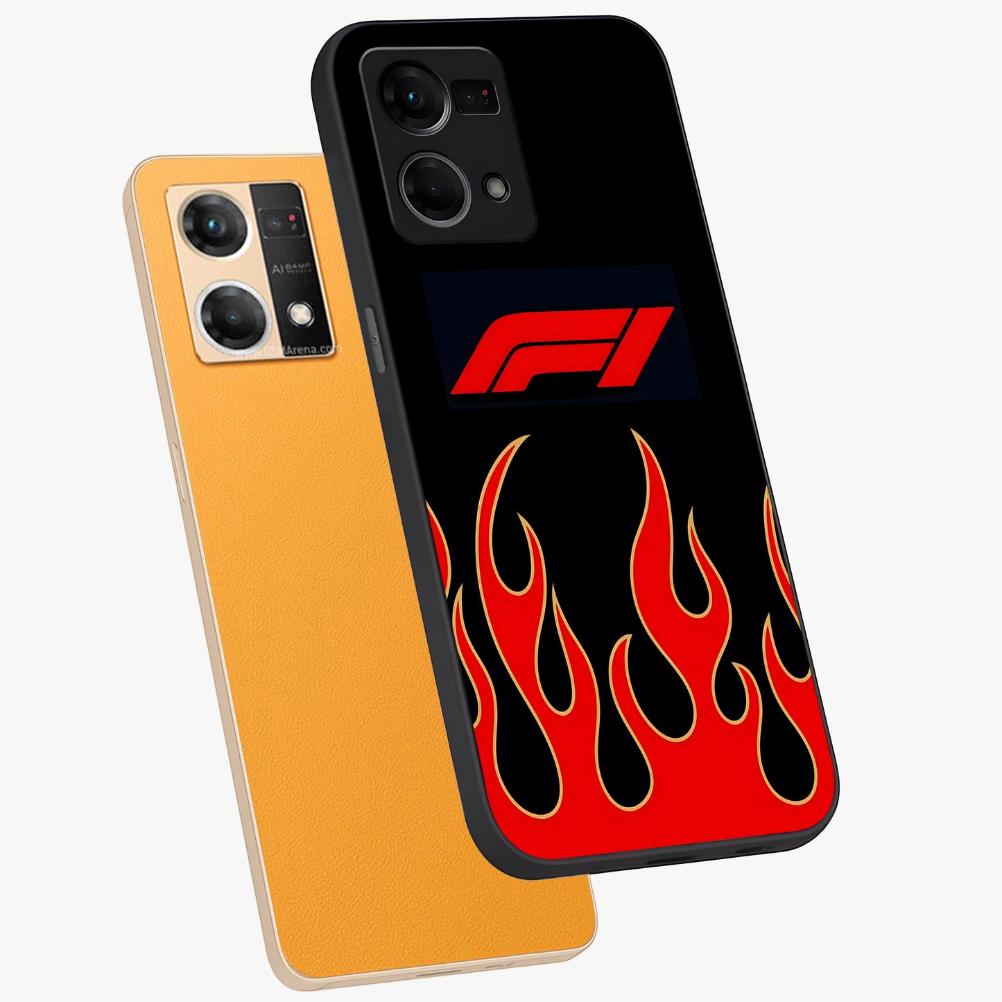 Fire F11 Glass Case displayed in angled mockup highlighting bold fire inspired graphic with energetic aesthetic style.