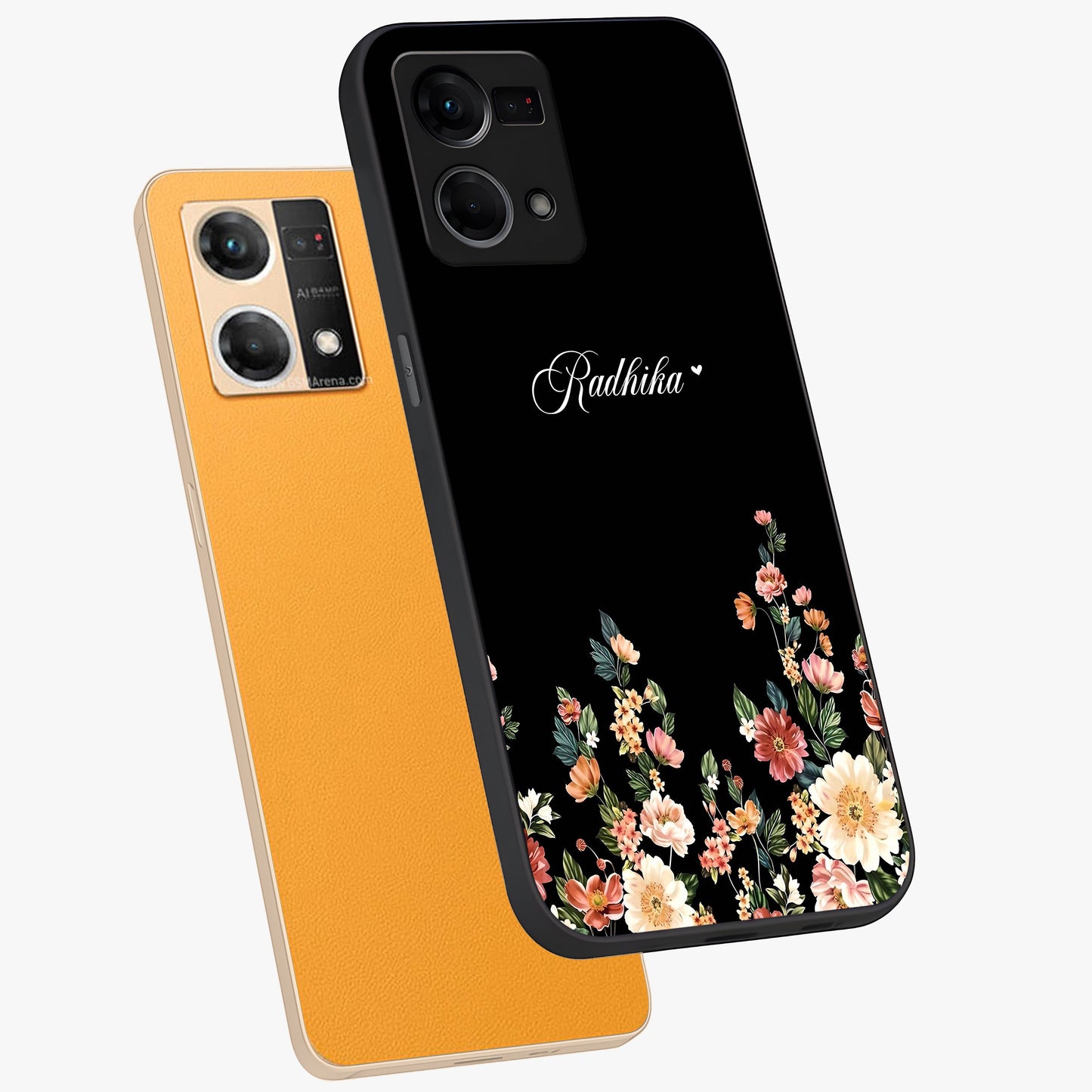 Floral Design With a Custom Personalized Name Glass Case displayed in angled mockup highlighting elegant floral pattern with custom name feature.