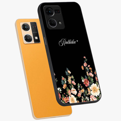 Floral Design With a Custom Personalized Name Glass Case displayed in angled mockup highlighting elegant floral pattern with custom name feature.