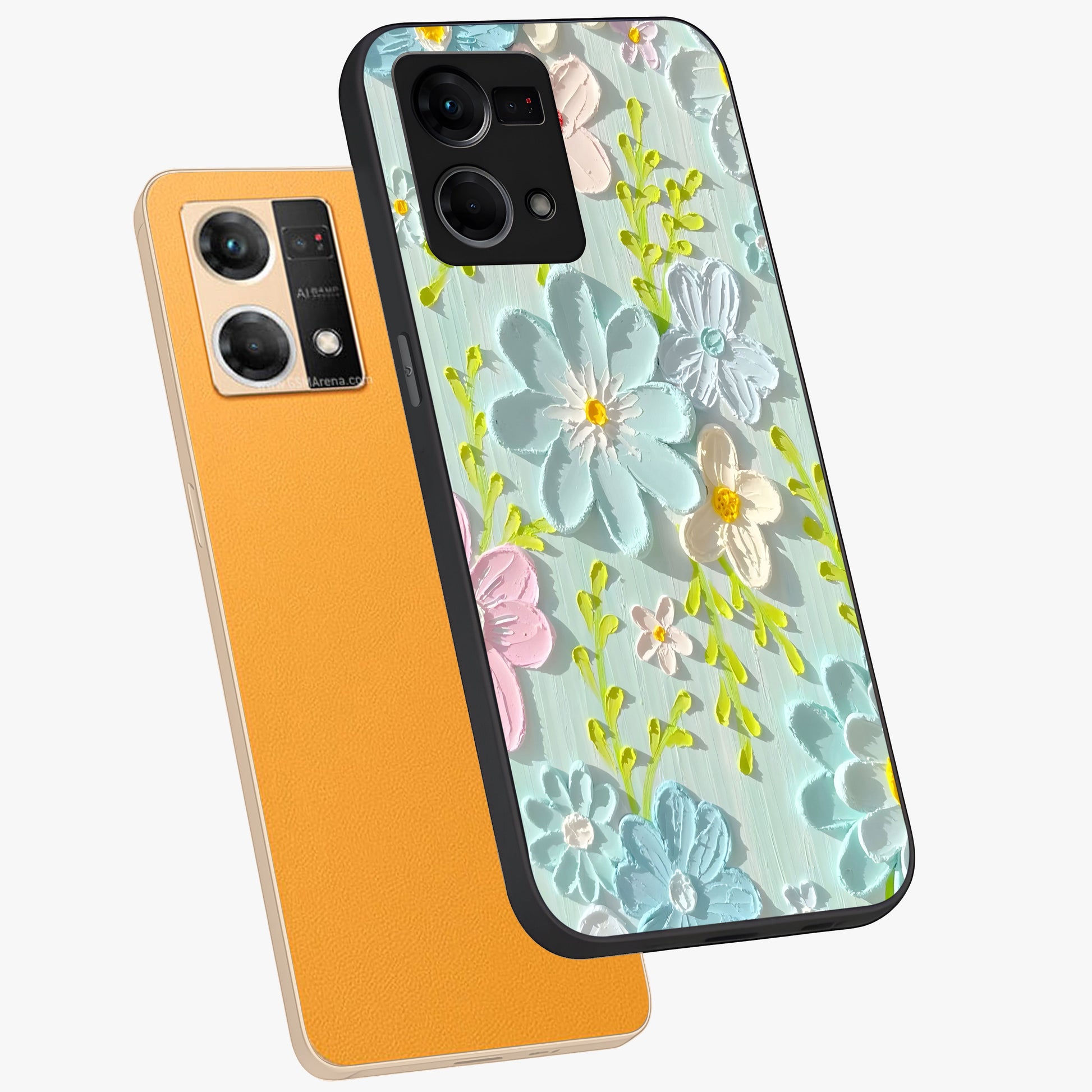 Frosted Petal Garden Glass Case displayed in angled mockup highlighting delicate flower petal design with calm garden aesthetic.