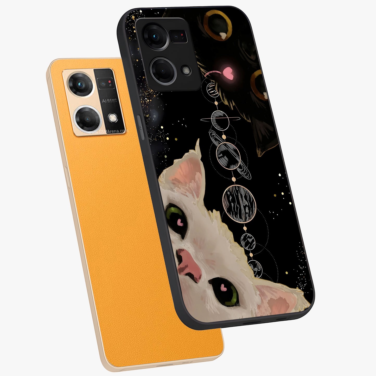 Galactic Cat Glass Case displayed in angled mockup highlighting celestial feline illustration with galaxy aesthetic style.