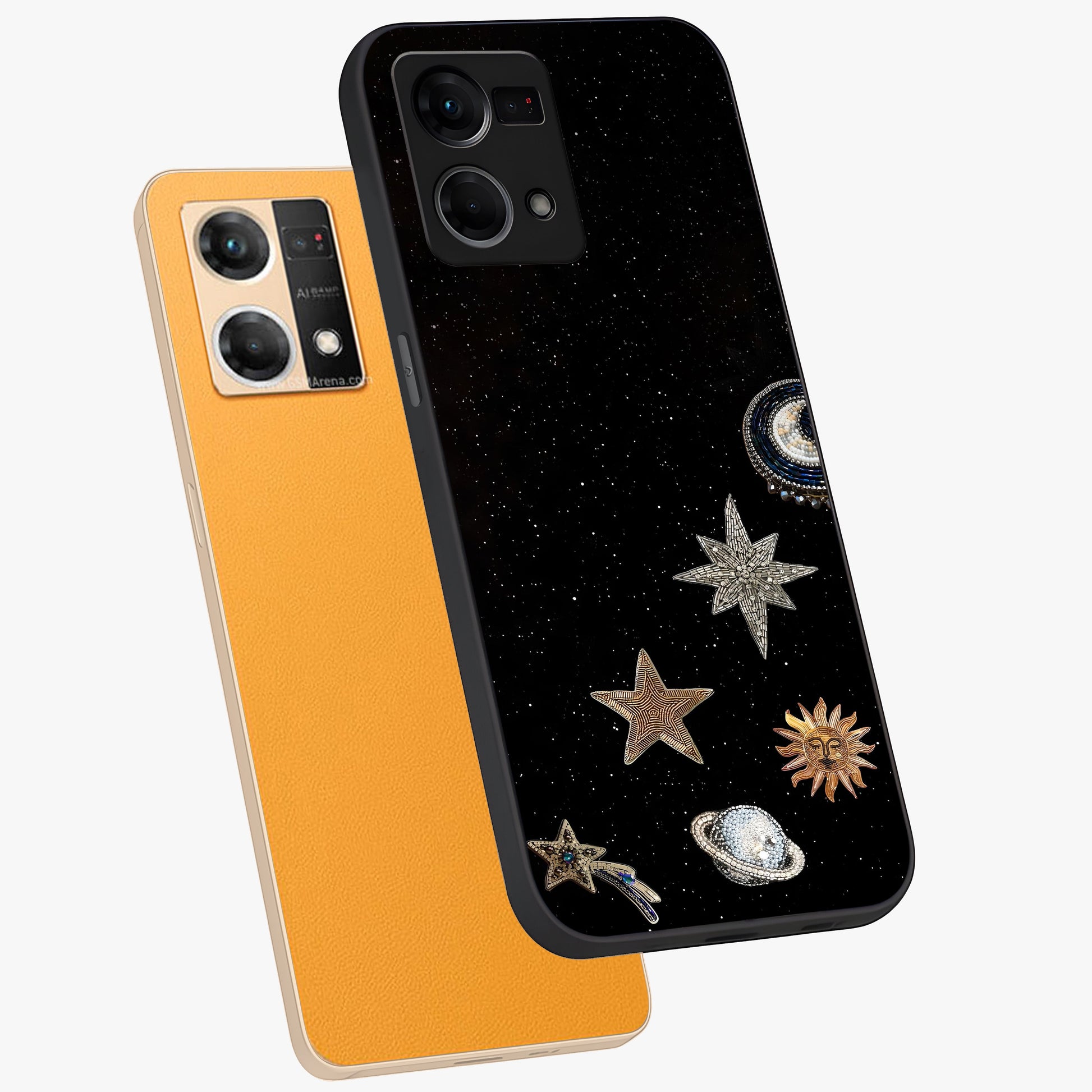 Galactic Charm Glow Glass Case displayed in angled mockup highlighting luminous galaxy inspired design with dreamy aesthetic.