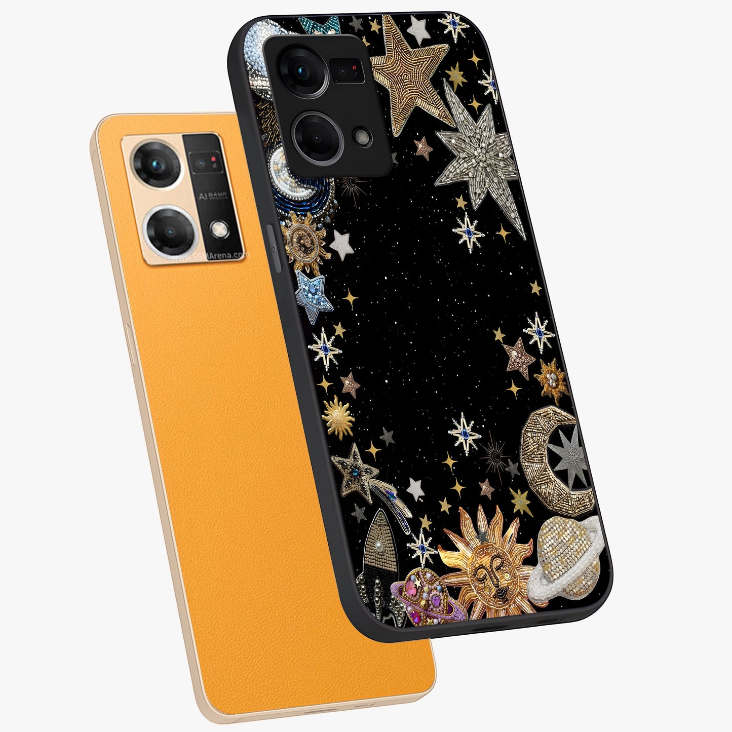 Galactic Jewel Stars Glass Case displayed in angled mockup highlighting shining celestial star design with cosmic aesthetic style.
