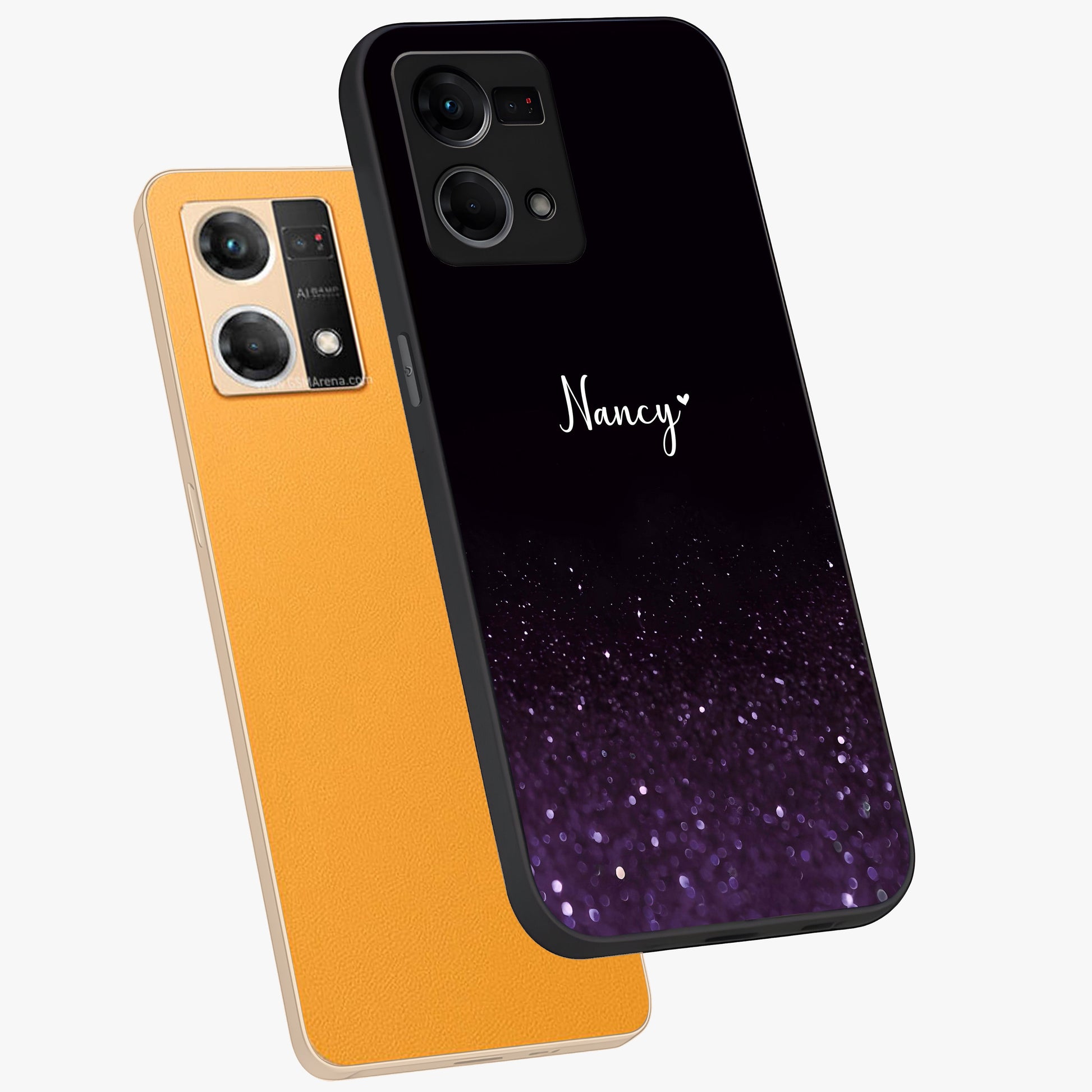 Glittery Purple Bokeh Custom Name Glass Case displayed in angled mockup highlighting glitter bokeh pattern with custom name feature.