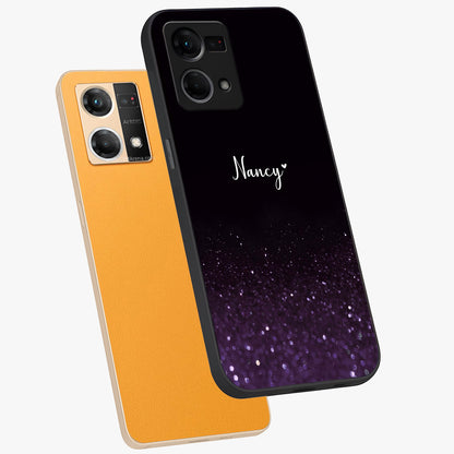 Glittery Purple Bokeh Custom Name Glass Case displayed in angled mockup highlighting glitter bokeh pattern with custom name feature.