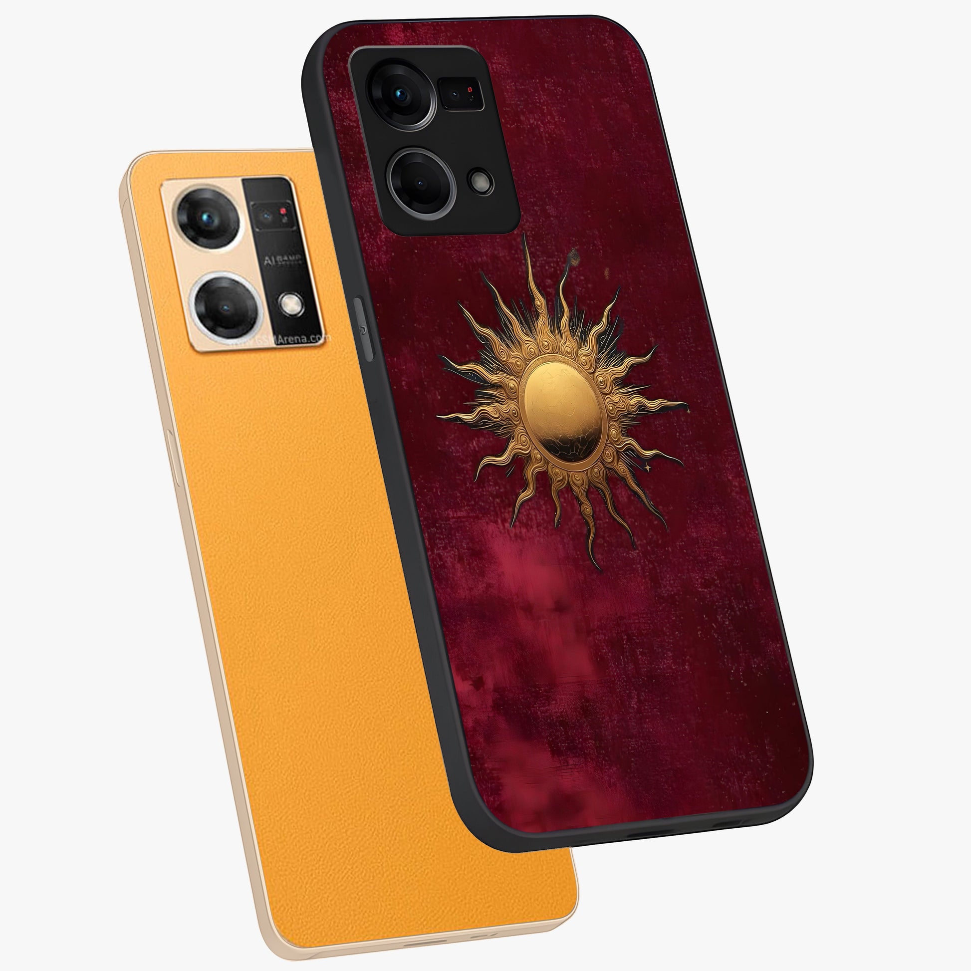 Golden Sun Minimalism Glass Case displayed in angled mockup highlighting clean sun symbol design with modern minimal aesthetic.