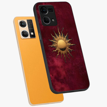 Golden Sun Minimalism Glass Case displayed in angled mockup highlighting clean sun symbol design with modern minimal aesthetic.