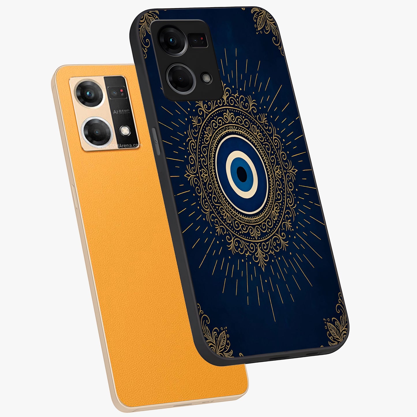 Golden Celestial Charm Glass Case displayed in angled mockup highlighting sparkling cosmic charm design with celestial aesthetic.