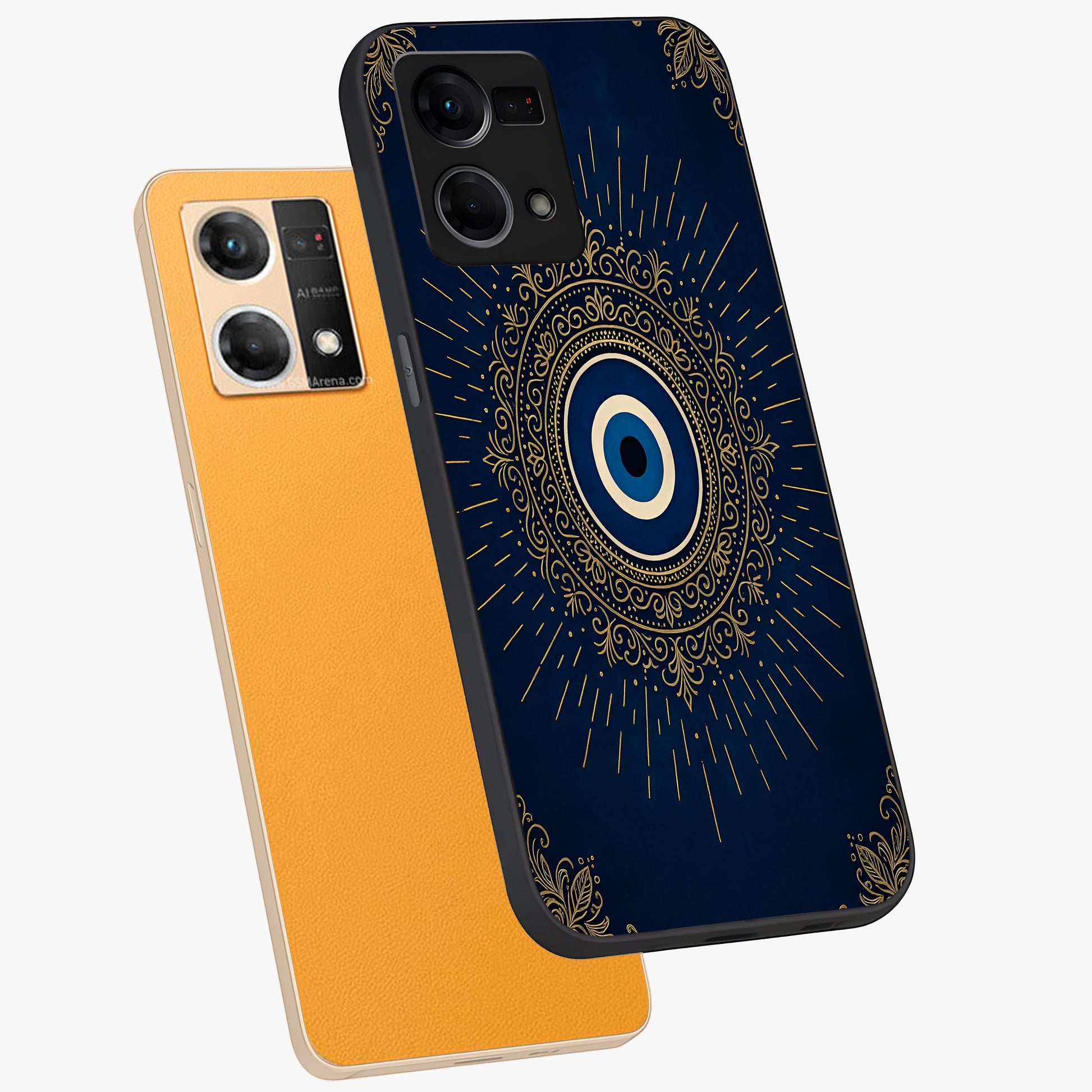 Golden Celestial Charm Glass Case displayed in angled mockup highlighting sparkling cosmic charm design with celestial aesthetic.