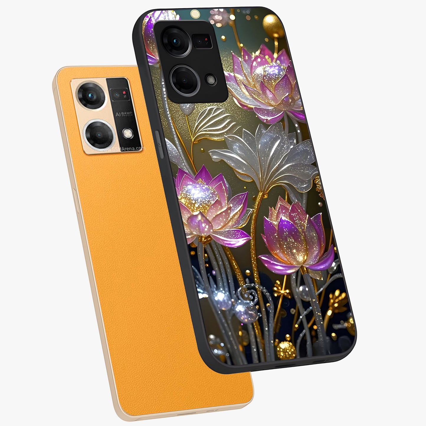Golden Floral Majesty Glass Case displayed in angled mockup highlighting elegant flower design with royal golden aesthetic.