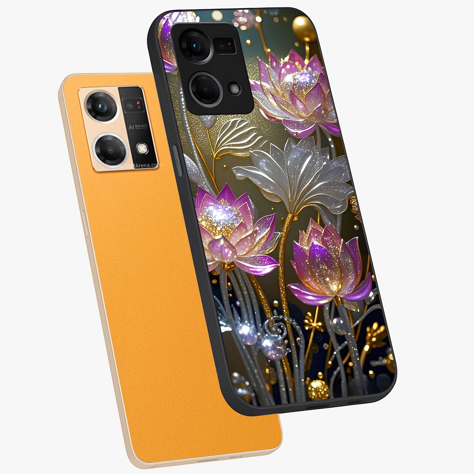 Golden Floral Majesty Glass Case displayed in angled mockup highlighting elegant flower design with royal golden aesthetic.