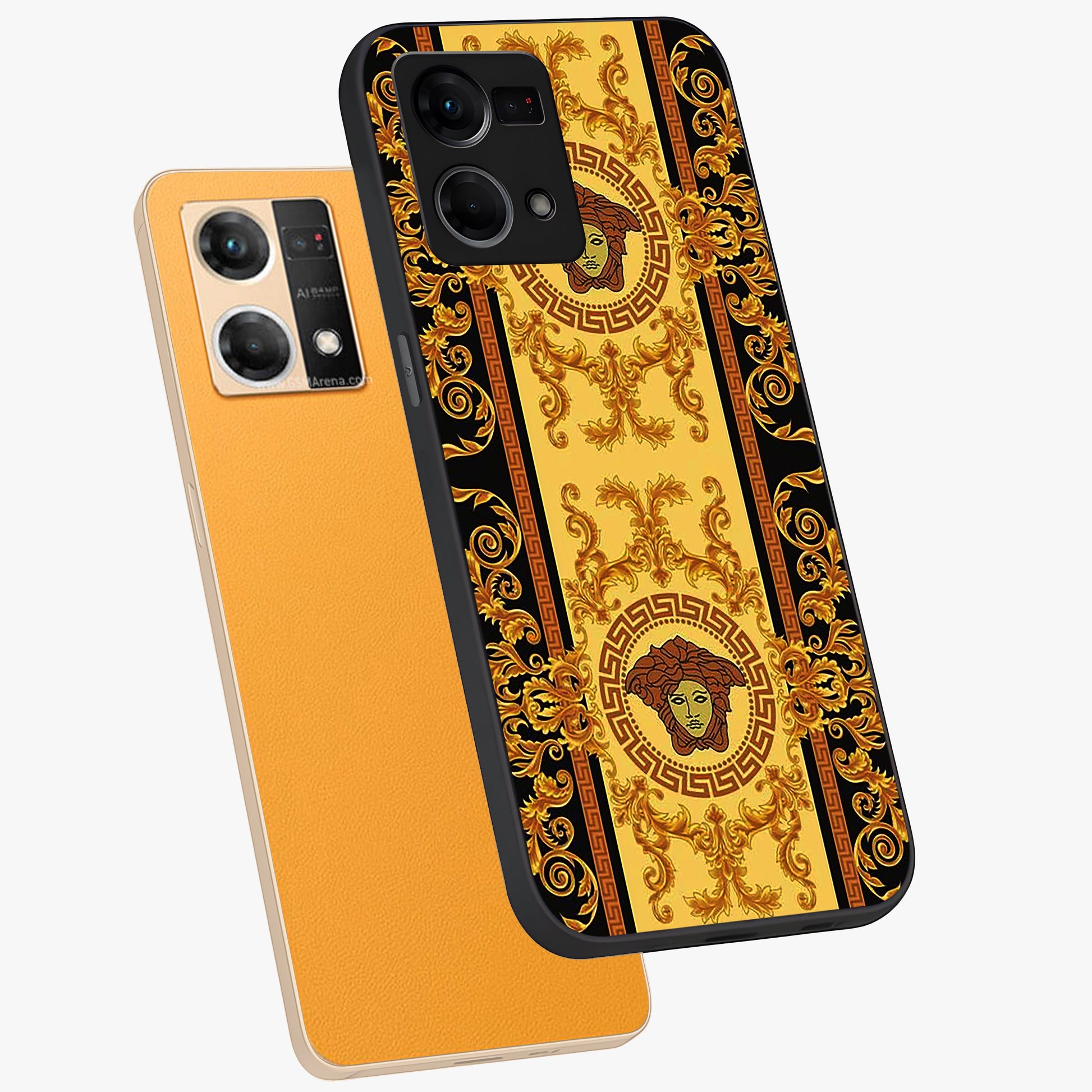 Golden Lotus Glow Glass Case displayed in angled mockup highlighting radiant lotus illustration with spiritual aesthetic.