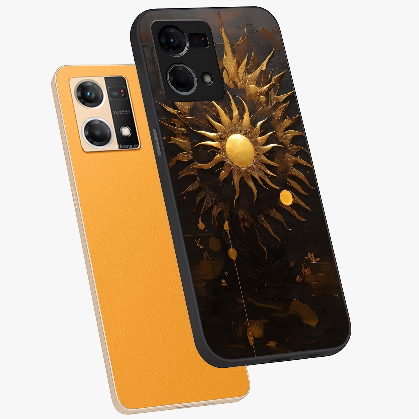 Golden Sun Majesty Glass Case displayed in angled mockup highlighting eerie shadow illustration with gothic aesthetic.