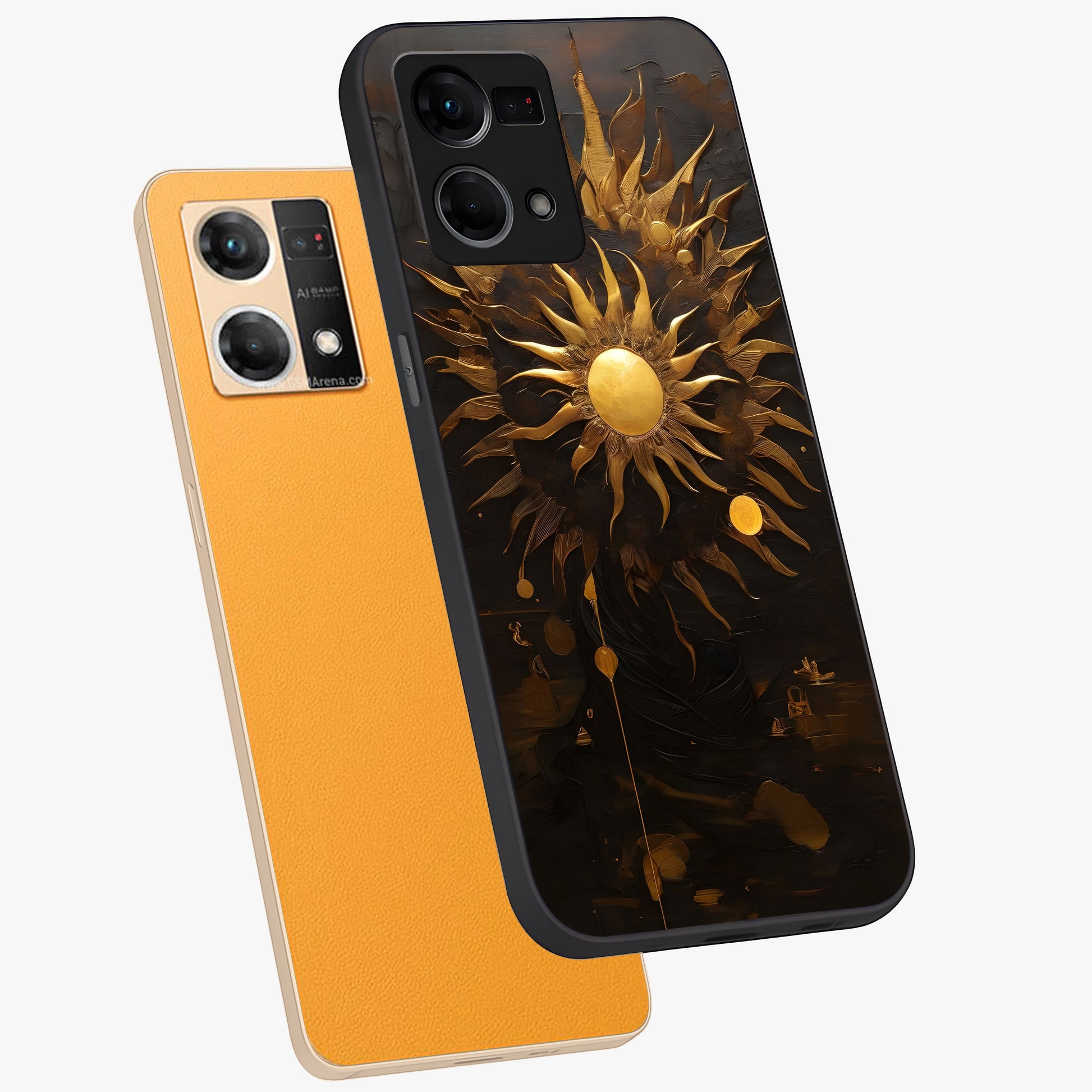 Golden Sun Majesty Glass Case displayed in angled mockup highlighting eerie shadow illustration with gothic aesthetic.