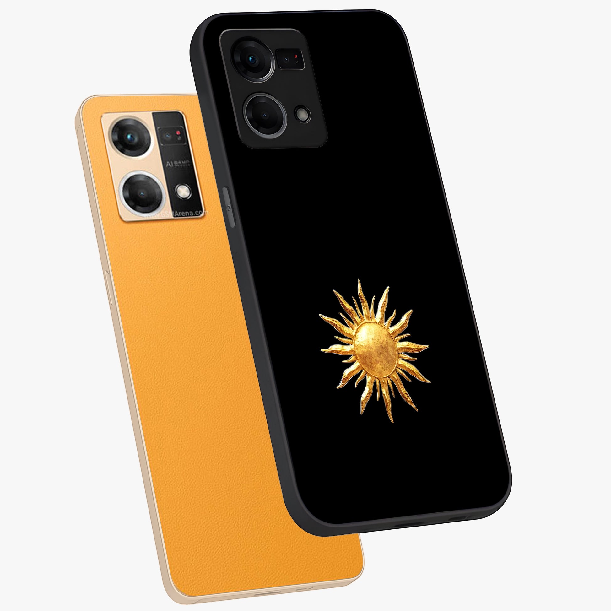 Golden Sun Minimalism Glass Case displayed in angled mockup highlighting eerie shadow illustration with gothic aesthetic.