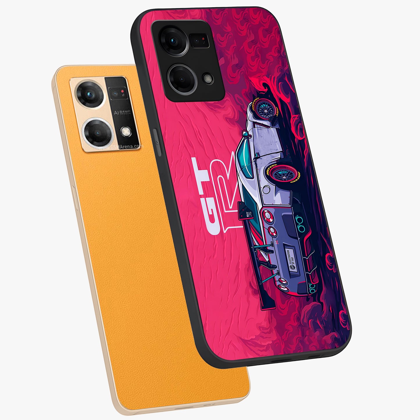 GT-R Car Pattern Glass Case displayed in angled mockup highlighting racing car graphic design with bold automotive aesthetic.