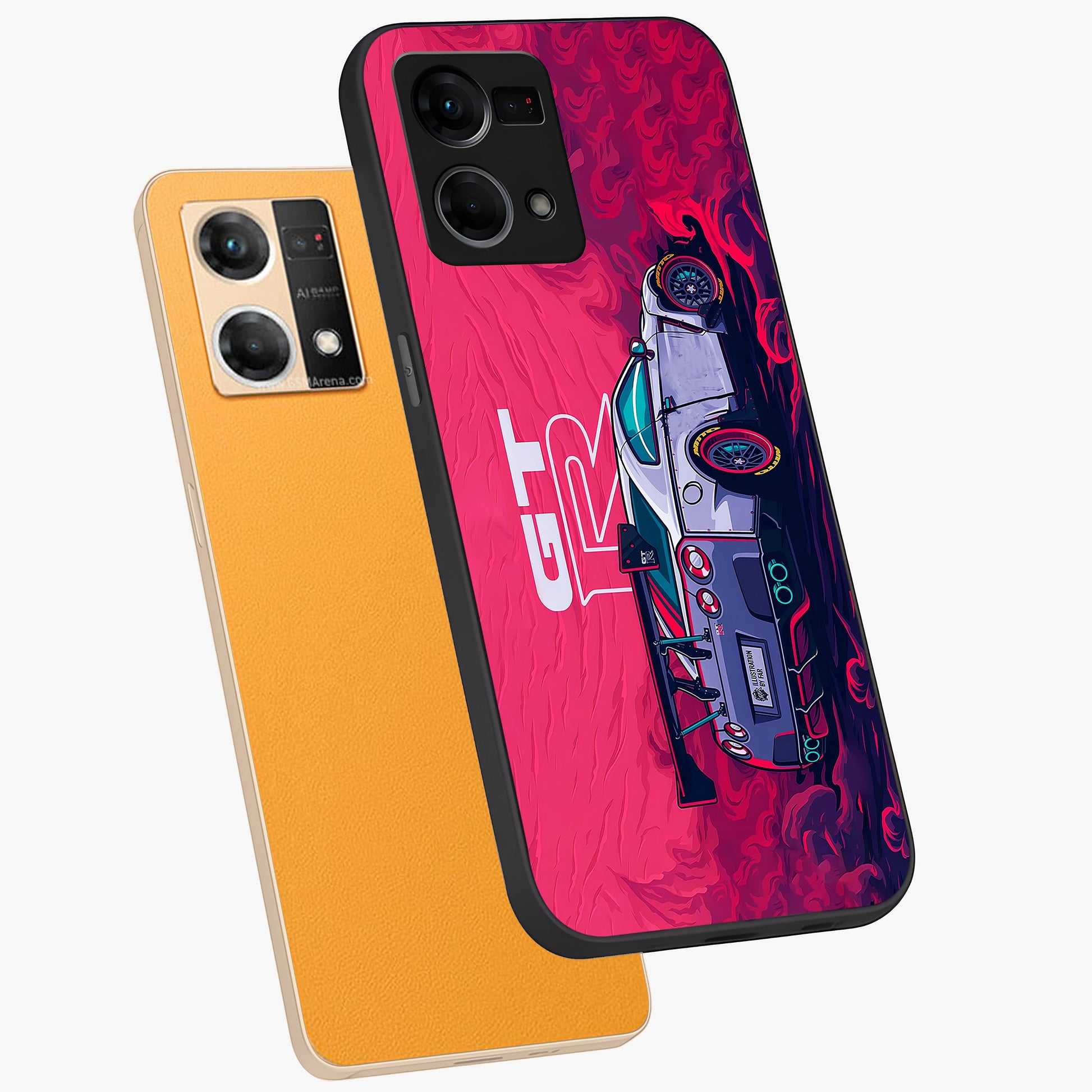 GT-R Car Pattern Glass Case displayed in angled mockup highlighting racing car graphic design with bold automotive aesthetic.