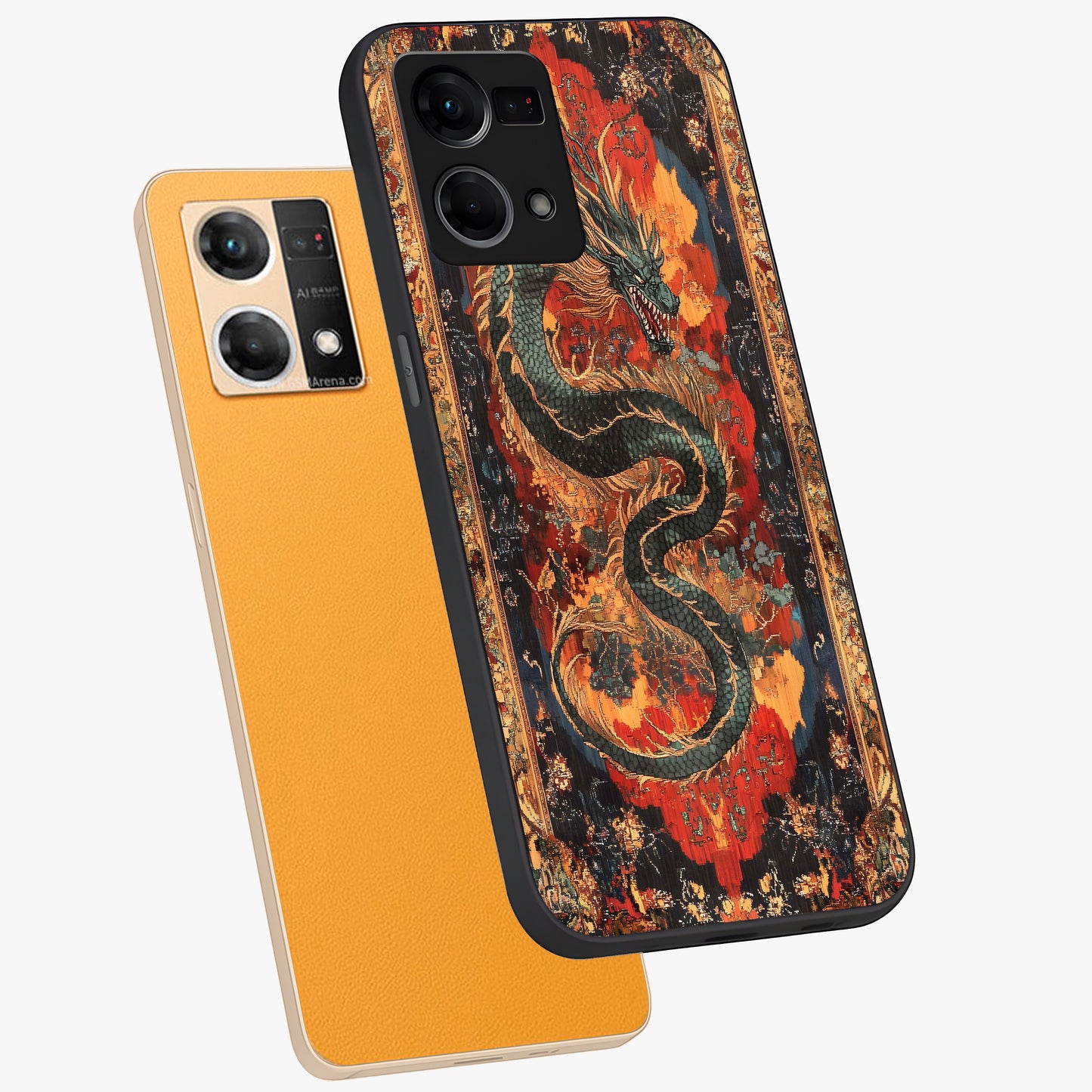 Inferno Dragon Soul Glass Case displayed in angled mockup highlighting powerful dragon illustration with inferno aesthetic.
