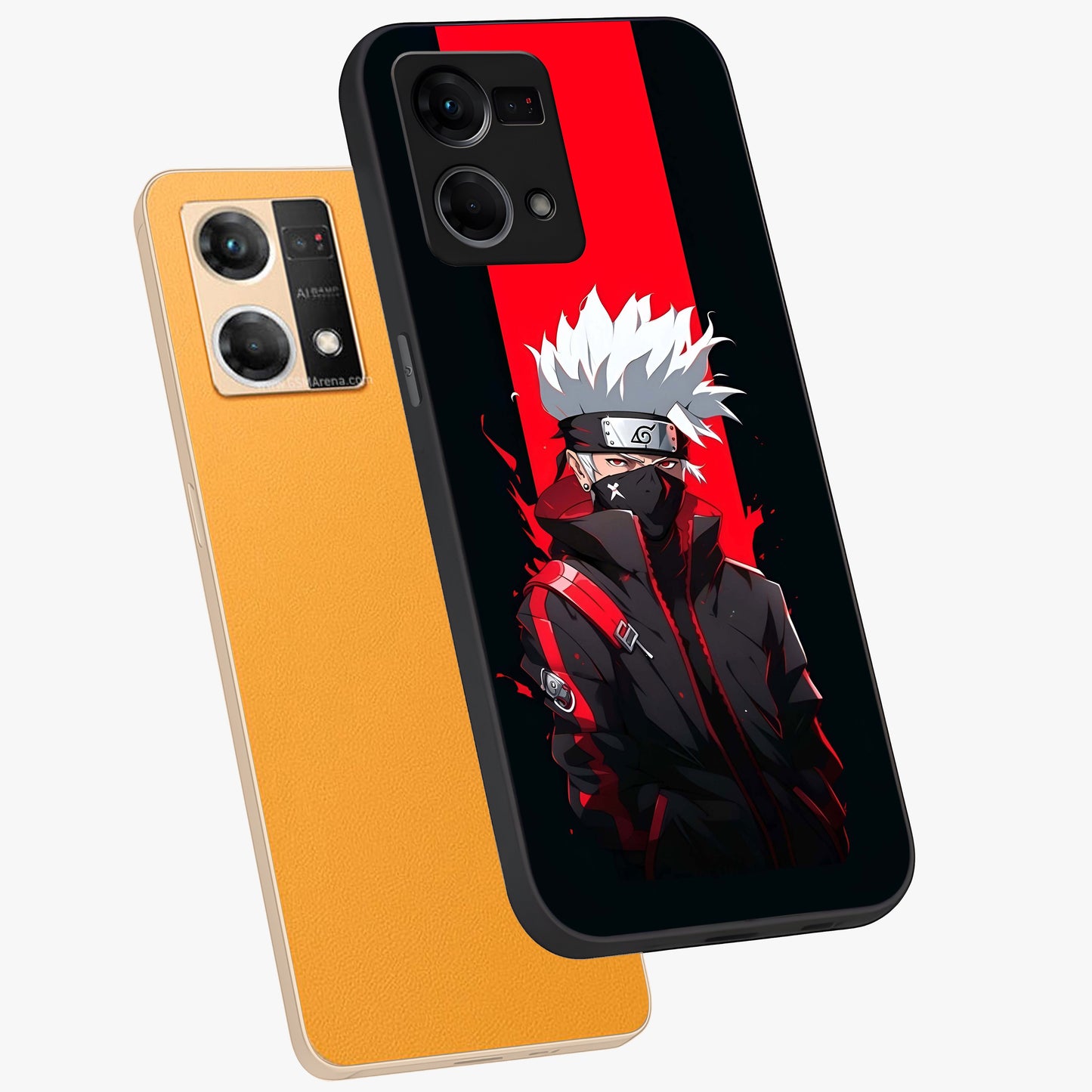 Kakashi Scarlet Shadow Glass Case displayed in angled mockup highlighting dramatic ninja illustration with scarlet themed aesthetic.