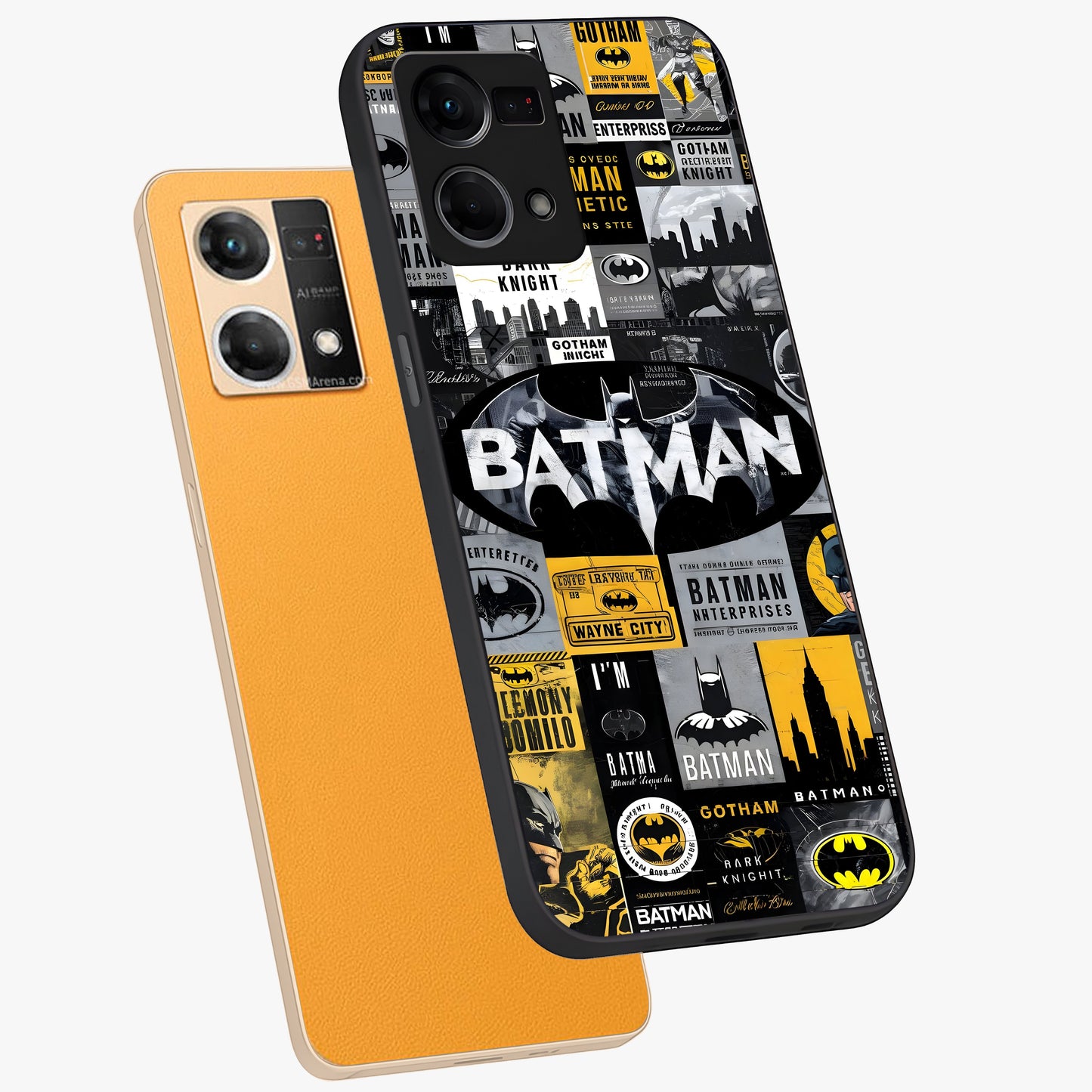 Knight Gotham Rise Glass Case displayed in angled mockup highlighting powerful knight silhouette design with dramatic aesthetic.