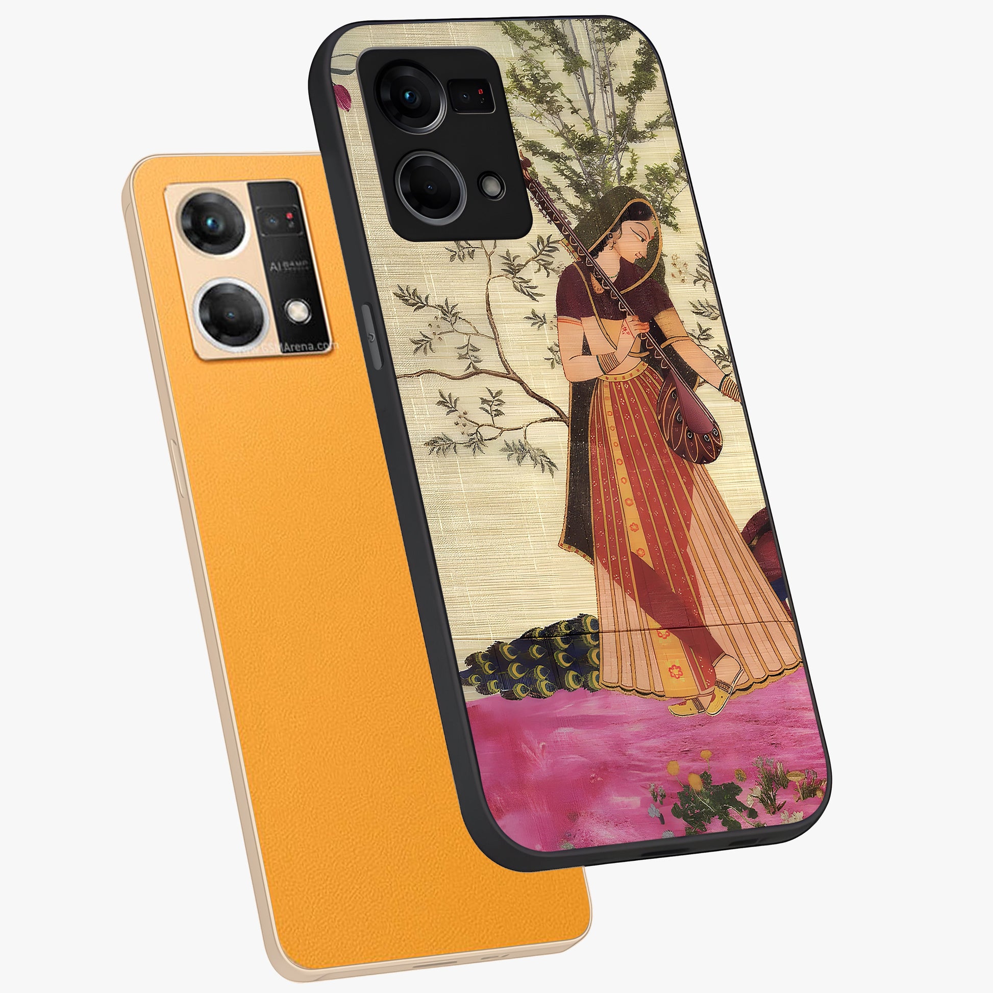 Lady With Veena Art Glass Case displayed in angled mockup highlighting graceful musical illustration with cultural artistic aesthetic.