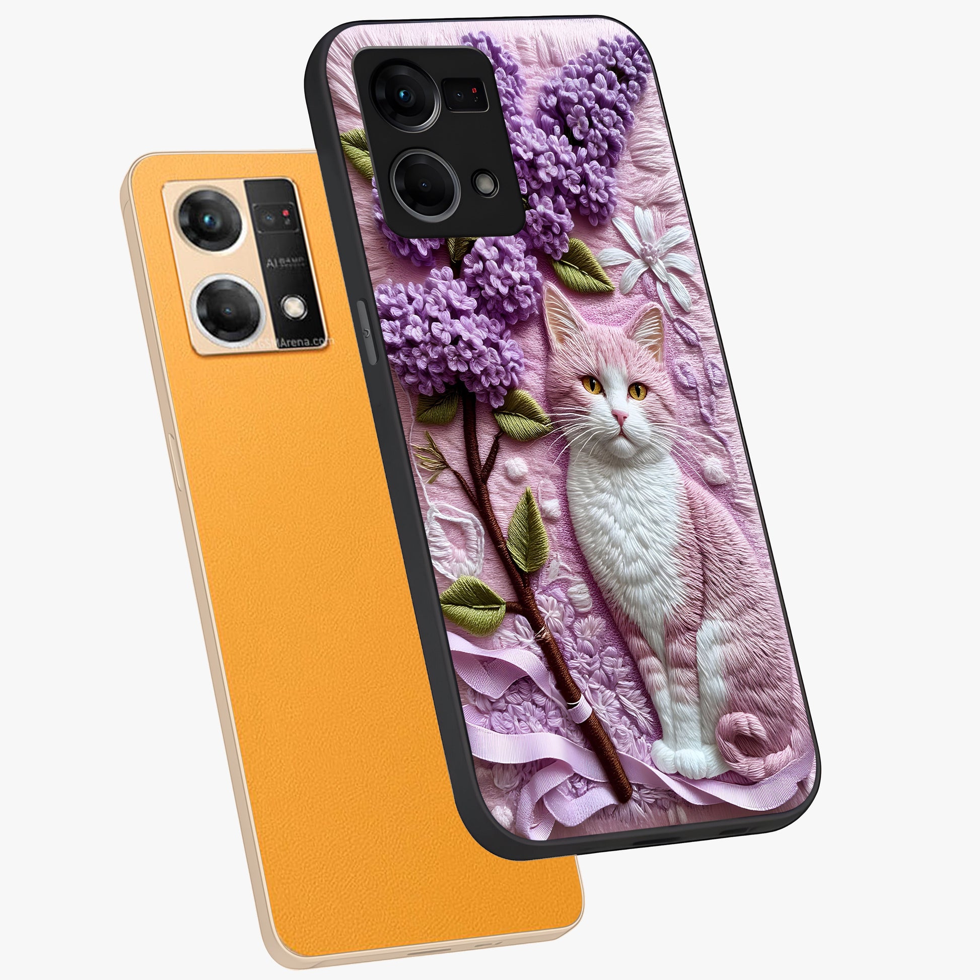 Lavender Cat Whimsy Glass Case displayed in angled mockup highlighting playful feline illustration with pastel lavender aesthetic.