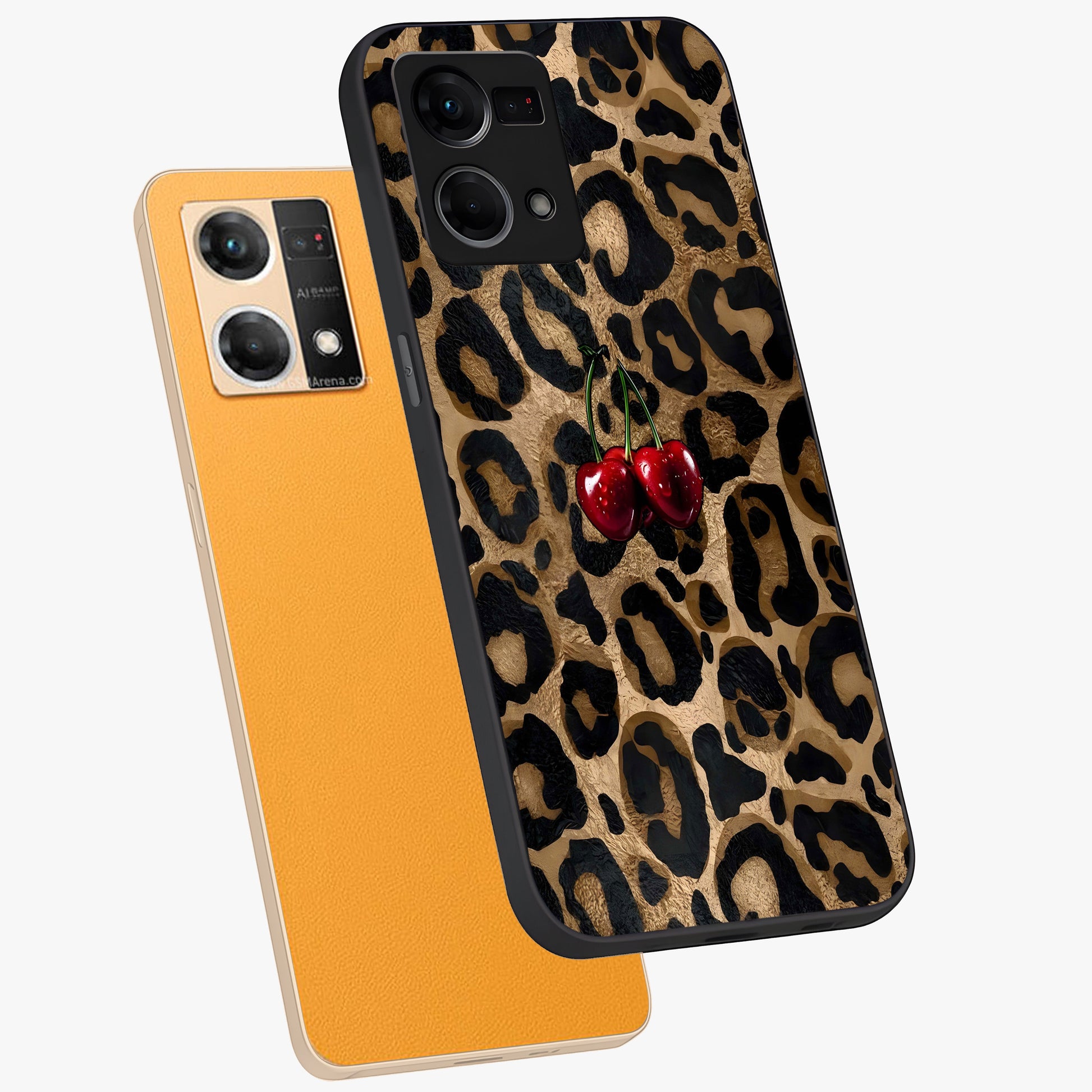Leopard Wild Cherry Glass Case displayed in angled mockup highlighting bold animal print design with playful cherry aesthetic.