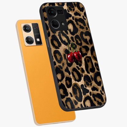 Leopard Wild Cherry Glass Case displayed in angled mockup highlighting bold animal print design with playful cherry aesthetic.