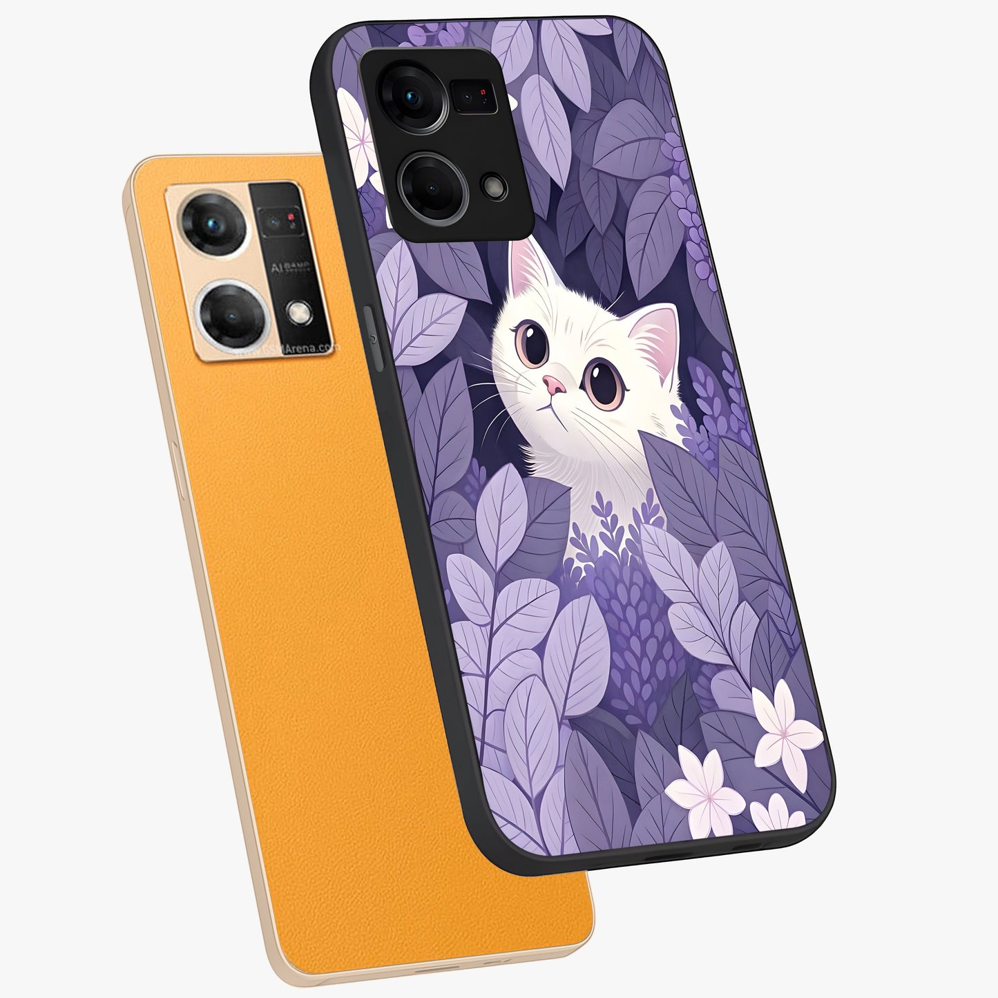 Lilac Hide Peek Cat Glass Case displayed in angled mockup highlighting playful feline illustration with lilac aesthetic design.